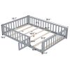 Full Size Floor Platform Bed with Fence and Door for Kids, Montessori Floor Bed Frame with Support Slats for Toddlers