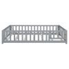 Full Size Floor Platform Bed with Fence and Door for Kids, Montessori Floor Bed Frame with Support Slats for Toddlers