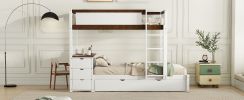 Twin-Over-Twin Bunk Bed with Twin size Trundle, Storage and Desk, White + Walnut