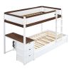 Twin-Over-Twin Bunk Bed with Twin size Trundle, Storage and Desk, White + Walnut