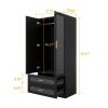 Black Wardrobe Armoire Cabinet with Mirror Hanging Rod and Storage Drawers