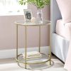 Modern Glass Top Round Metal End Table Nightstand with Bottom Shelf