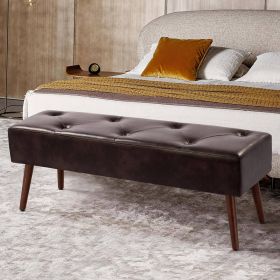 Mid-Century End of Bed Bench with Dark Brown Leather Upholstered Seat Solid Wood Legs