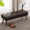 Mid-Century End of Bed Bench with Dark Brown Leather Upholstered Seat Solid Wood Legs