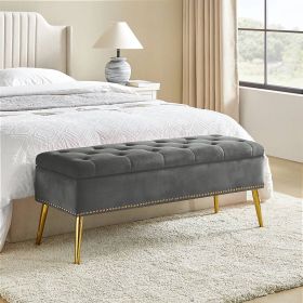 Mid-Century Modern End of Bed Storage Bench with Velvet Seat, Gold Legs, and Nailhead Trim