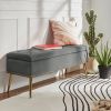 Mid-Century Modern End of Bed Storage Bench with Velvet Seat, Gold Legs, and Nailhead Trim