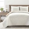 Lightweight Fern Leaf Reversible White Beige Cotton Quilt Set