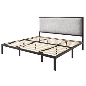Metal Platform Bed Frame with Tall Linen Upholstered Headboard