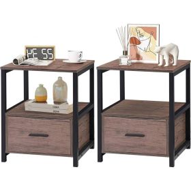 Set of 2 - Modern Metal Wood Nightstand with Storage Drawer