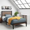 Twin Student Dorm Metal Platform Bed Frame with Brown Wood Slat Headboard