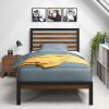 Twin Student Dorm Metal Platform Bed Frame with Brown Wood Slat Headboard