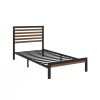Twin Student Dorm Metal Platform Bed Frame with Brown Wood Slat Headboard
