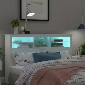 Modern Bookcase Headboard with LED Lights in White Wood Finish