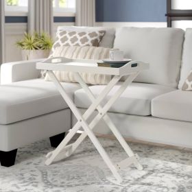 Folding TV Tray Bedside Table in White Wood Finish.