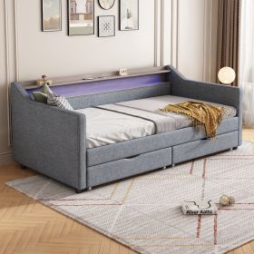 Twin Size Daybed with 2 Storage Drawers and 2-Tier Shelf & Wireless Charger/USB/Type-C Port (Color: as Pic)