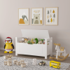 Kids Toy Box Chest, White Rubber Wood Toy Box for Boys Girls, Large Storage Cabinet with Cushion Seat Bench/Flip-Top Lid/Safety Hinge