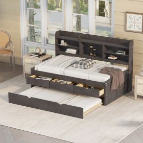 Twin Wooden Bed with Bookshelf Headboard, Storage Drawers & Trundle (Color: Natural)