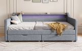 Modern Twin Linen Daybed with LED Headboard, USB & Storage Drawers