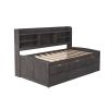 Twin Wooden Bed with Bookshelf Headboard, Storage Drawers & Trundle