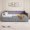 Modern Twin Linen Daybed with LED Headboard, USB & Storage Drawers