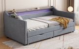 Modern Twin Linen Daybed with LED Headboard, USB & Storage Drawers