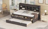 Twin Wooden Bed with Bookshelf Headboard, Storage Drawers & Trundle