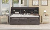 Twin Wooden Bed with Bookshelf Headboard, Storage Drawers & Trundle