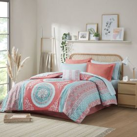 Loretta Medallion Boho Comforter & Sheet Set – Coral & Aqua, Full (Color: as Pic)