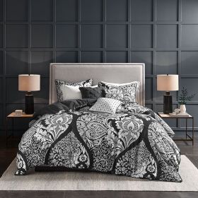 Vienna 6-Piece Cotton Damask Duvet Cover Set – Black & White, OEKO-TEX (Color: as Pic)