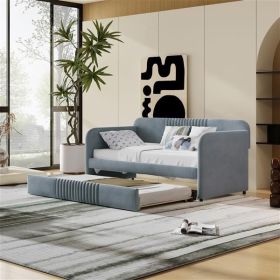 Upholstered Daybed Sofa Bed Twin Size With Trundle Bed and Wood Slat, Gray (Color: as picture)