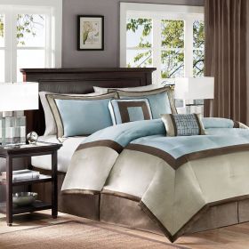 Genevieve Colorblock 7-Piece Comforter Set – Cal King, Neutral Taupe & Blue (Color: as Pic)