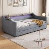 Modern Twin Linen Daybed with LED Headboard, USB & Storage Drawers