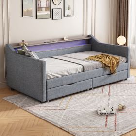 Modern Twin Linen Daybed with LED Headboard, USB & Storage Drawers (Color: as Pic)