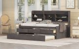 Twin Wooden Bed with Bookshelf Headboard, Storage Drawers & Trundle