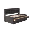 Twin Wooden Bed with Bookshelf Headboard, Storage Drawers & Trundle